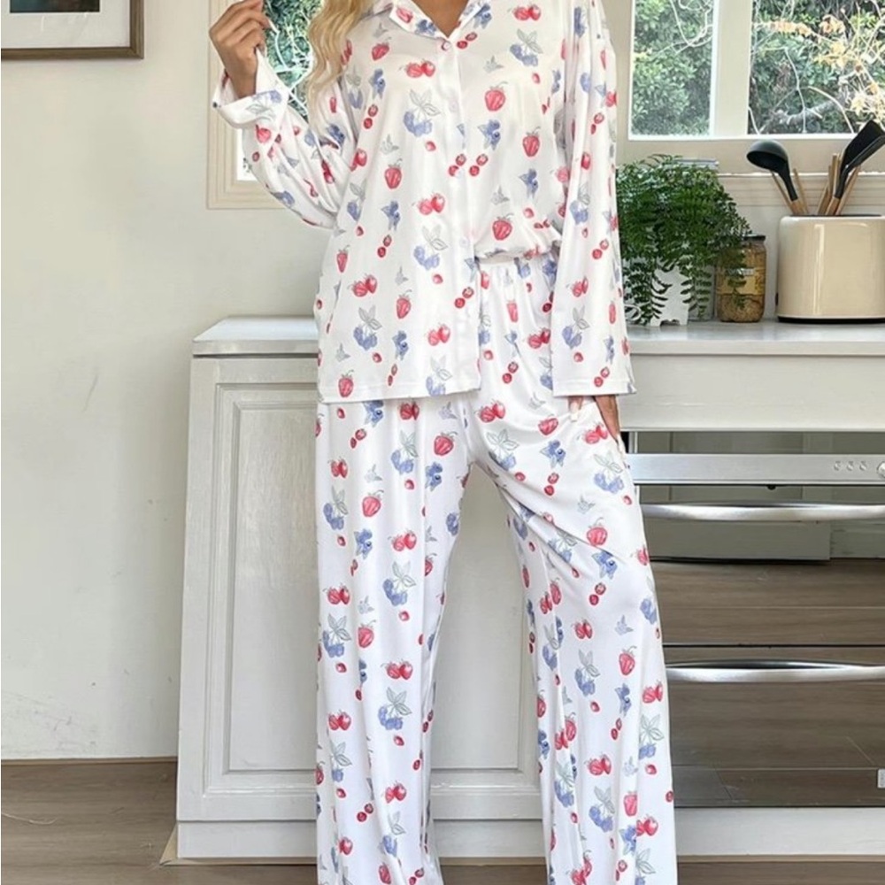 White Cherry & Floral Print Pajama Set
